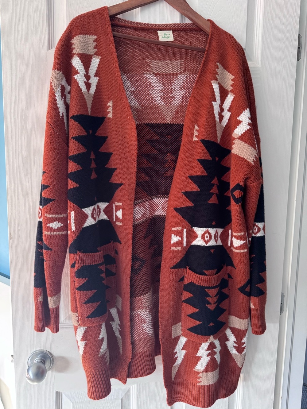 Rust Aztec Open-Front Cardigan Sweater